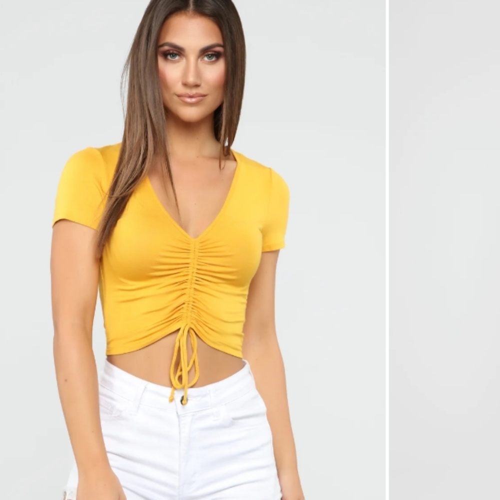 Revamped Mustard Yellow Ruched V-Neck Crop Top